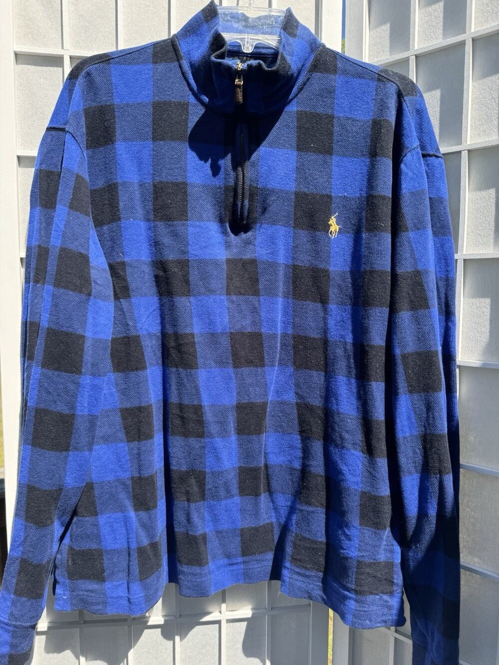 Ralph Lauren Quarter Zip Men's large Black Blue Plaid Check Pony Estate Rib Logo